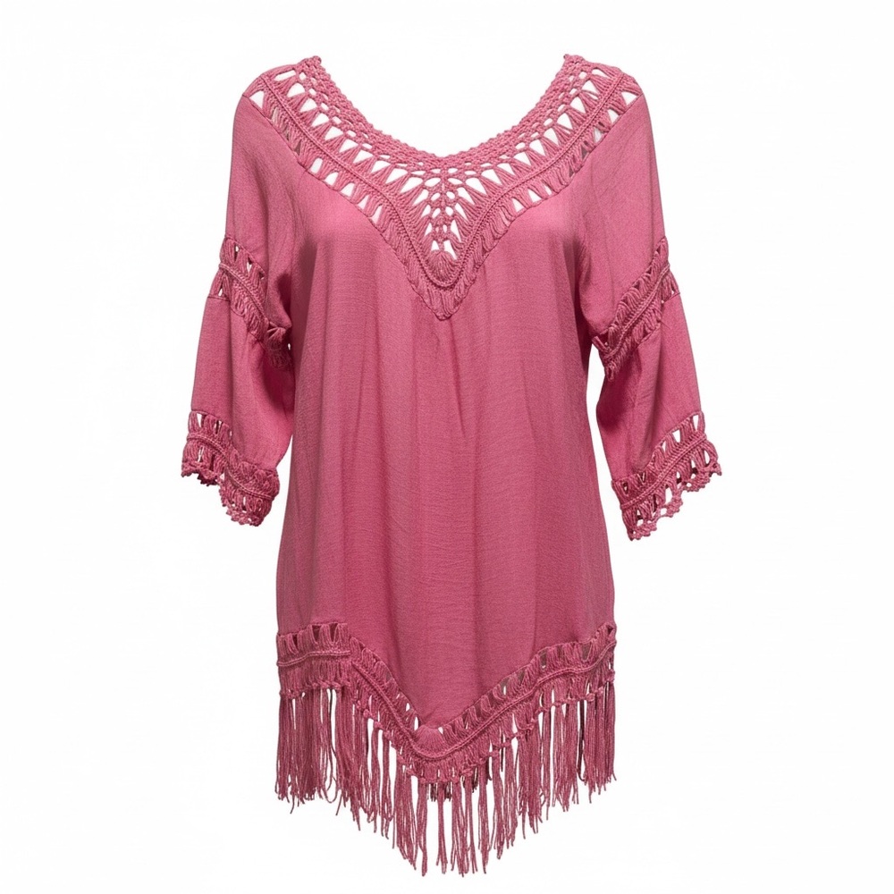 Pink Crochet Fringe Tunic swimsuit, cover size medium large